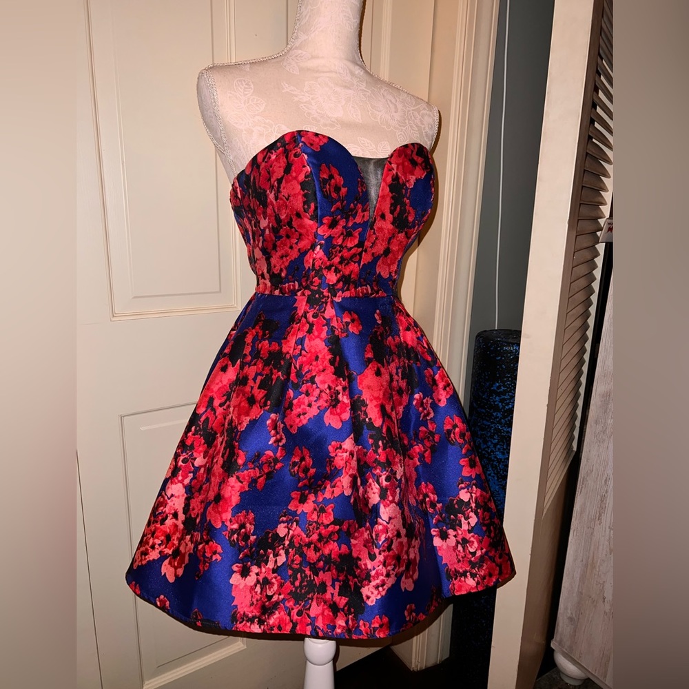 Floral Satin Formal Dress Plunging Neckline with Mesh